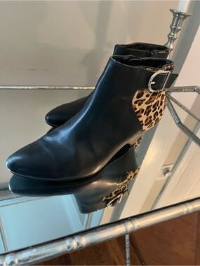 Black Leather Ankle Boots with Leopard Accent